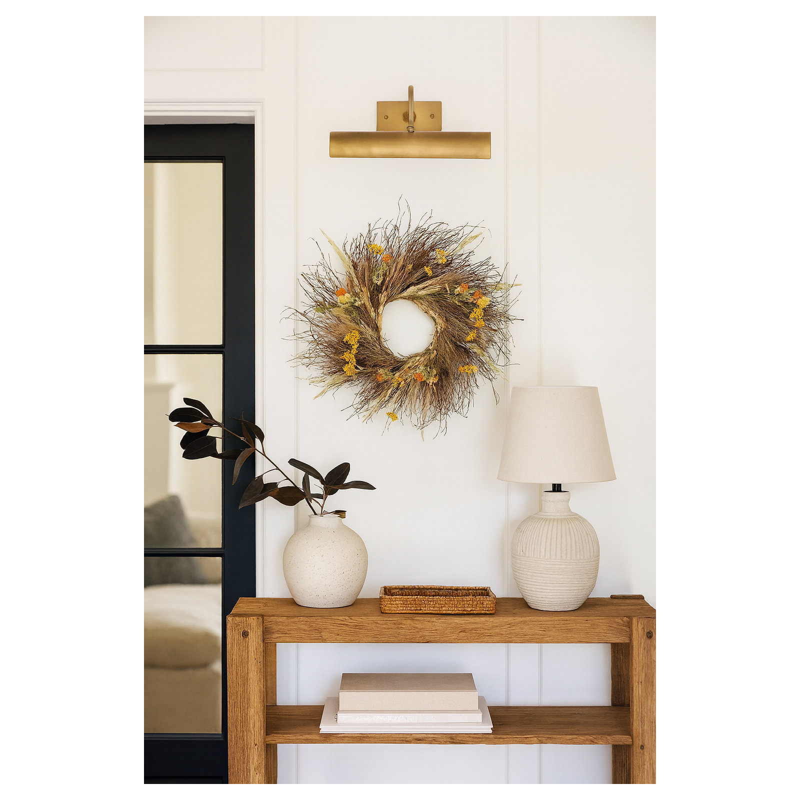 Dried Spring Branch and Safflower Wreath, 22" W x 22" H x 5" D