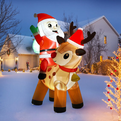 7 Ft Pre‑Lit Santa Claus with Reindeer Christmas Inflatable Yard Decoration, LED Lighted Polyester Blow‑Up Decor for Indoor, Garden, Porch and Holiday Party Displays