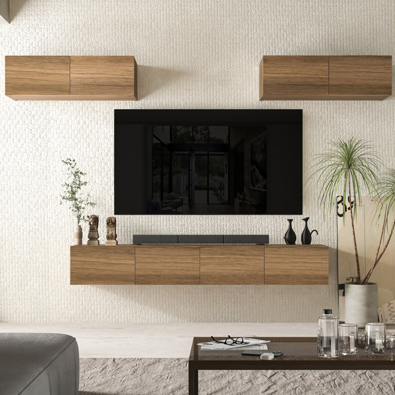 Meuble audio-vidéo mural en noyer 4 pièces avec armoires murales supérieures assorties