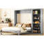 Grand lit mural gris avec tablettes, idéal pour les petits appartements, lit pliable, construction compacte, matelas à lattes flexibles, pratique et élégant