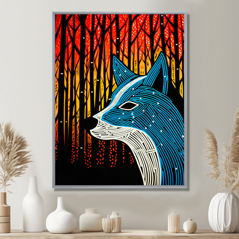 Minimal renard chassant dans la forêt - art mural animal renard, Toile argentée avec cadre flottant, H 20 po x l 12 po