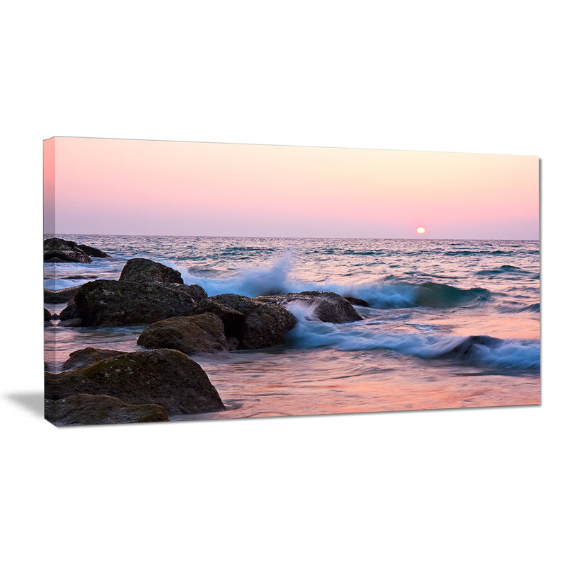 Large Coastal Sunset Canvas Print with Rocky Shore, 40x20"