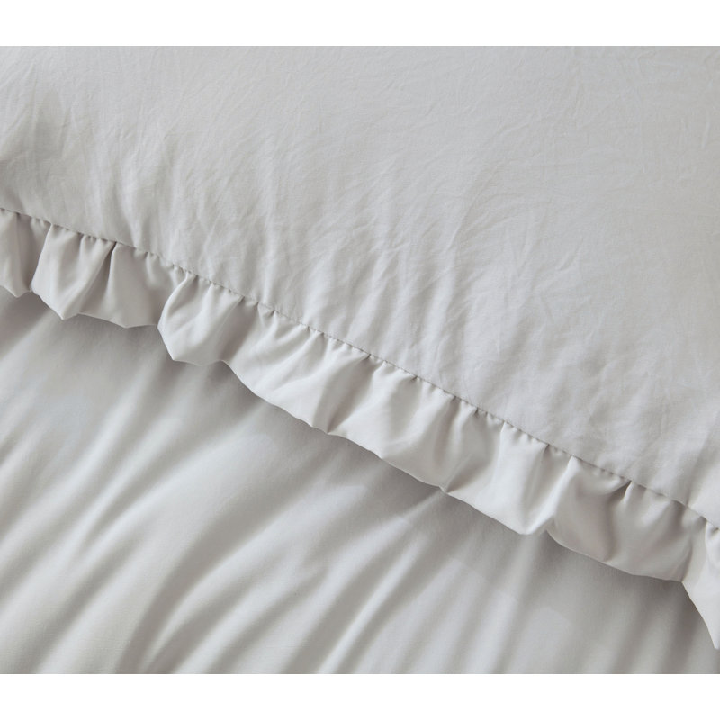 Nora Washed Microfiber Ruffled Comforter Set, Light Gray, King Comforter + 2 King Shams
