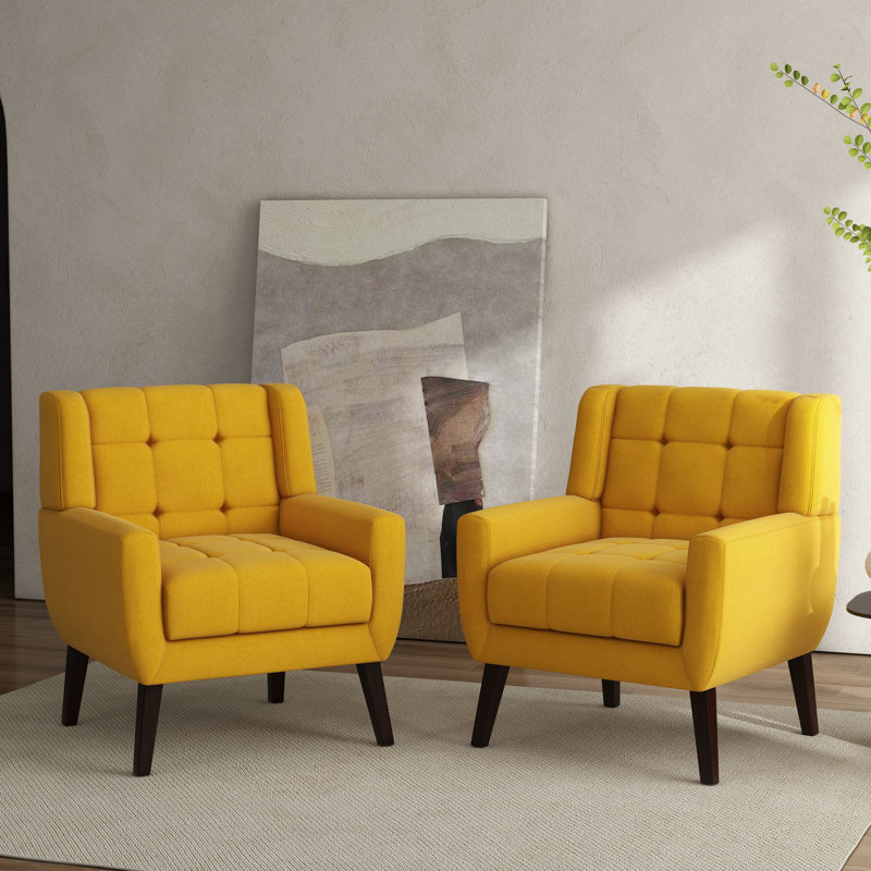 Yellow Linen Tufted Accent Armchair Set with Solid Wood Legs