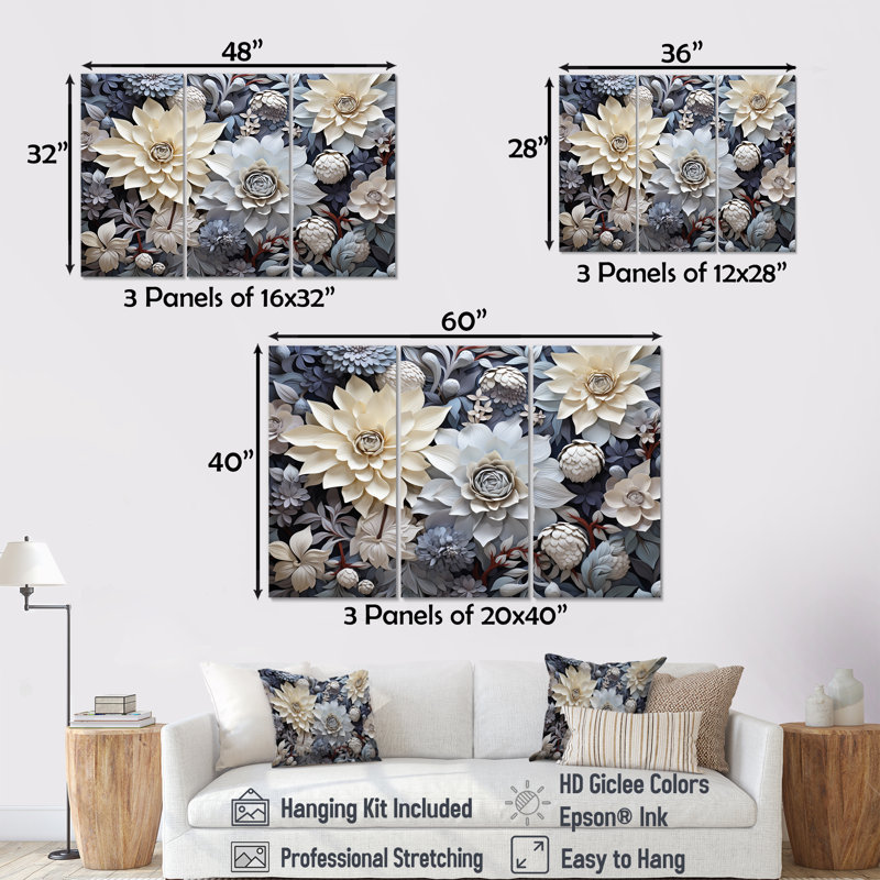 Fleurs beiges en pleine floraison - ensemble de reproductions d'art mural, Toile tendue, H 40 po x l 60 po x P 1 po