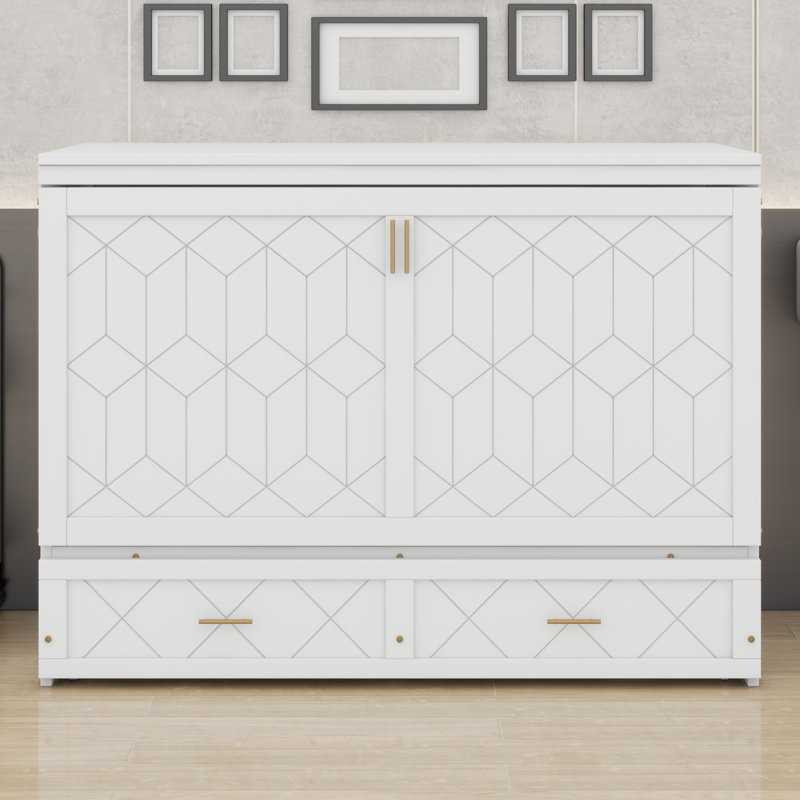 Lit escamotable moderne avec rangement mural et tiroir et ports USB, Blanc