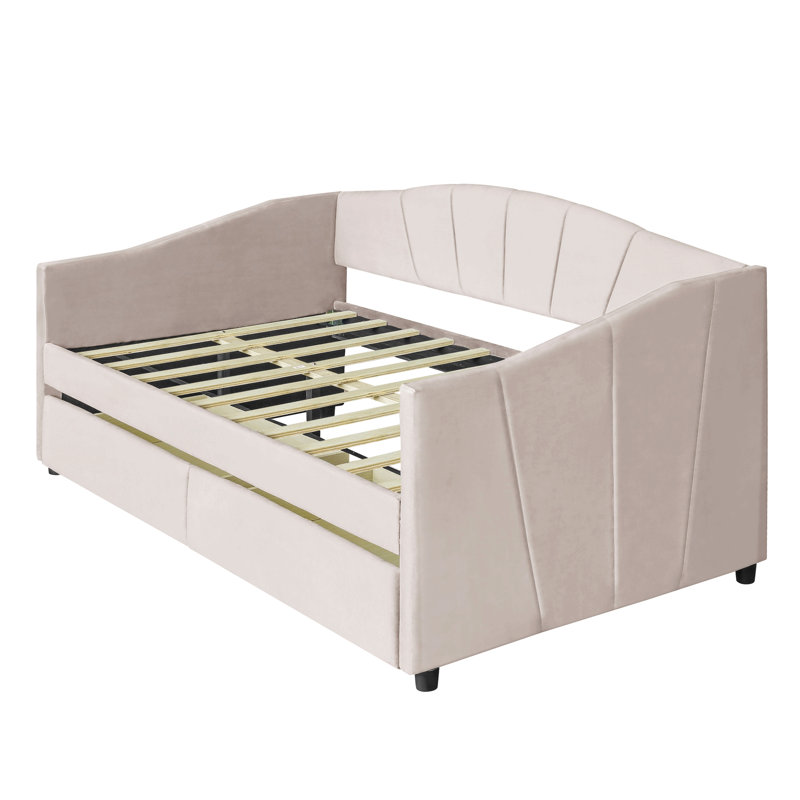 Upholstered Daybed Twin Size With Two Drawers And Wood Slat, Beige