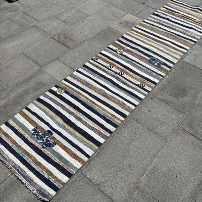 Tapis de style turc rétro Oushak Kilim avec rayures beige pour couloir et escalier