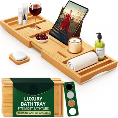Plateau de baignoire pliable de qualité supérieure - plateau de bain en bois pour baignoire, tablette en bambou, plateaux de table de bain extensibles, accessoires de baignoire et de salle de bain pour la nouvelle maison et les mères, cadeaux d'anniversaire pour maman