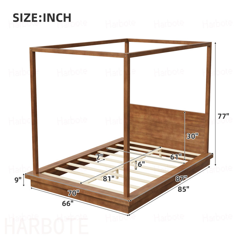 Grand lit plateforme à baldaquin en bois avec tête de lit, Brun