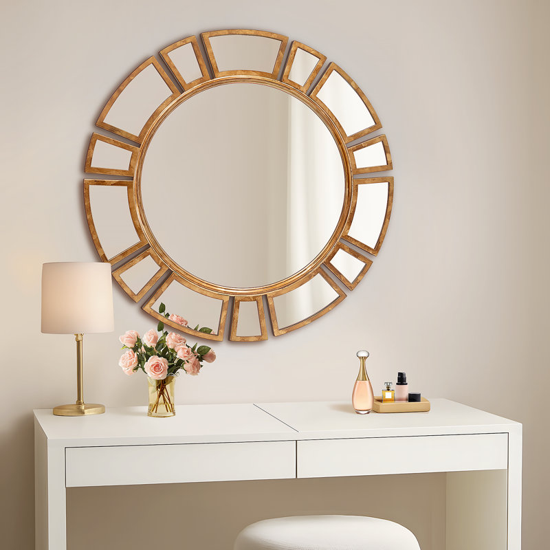 30" Antique Gold Round Wall Mirror with Sunburst Frame