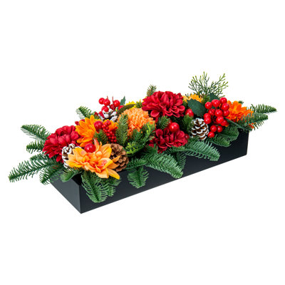 Composition florale artificielle dans un pot en bois noir