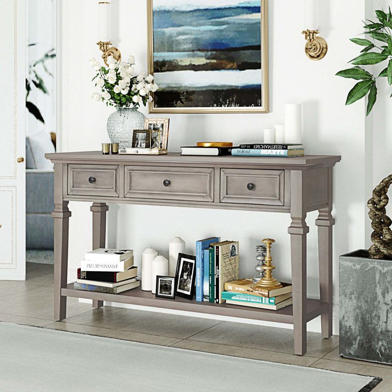 Console de style rétro classique avec trois tiroirs supérieurs et tablette inférieure ouverte, Gris délavé