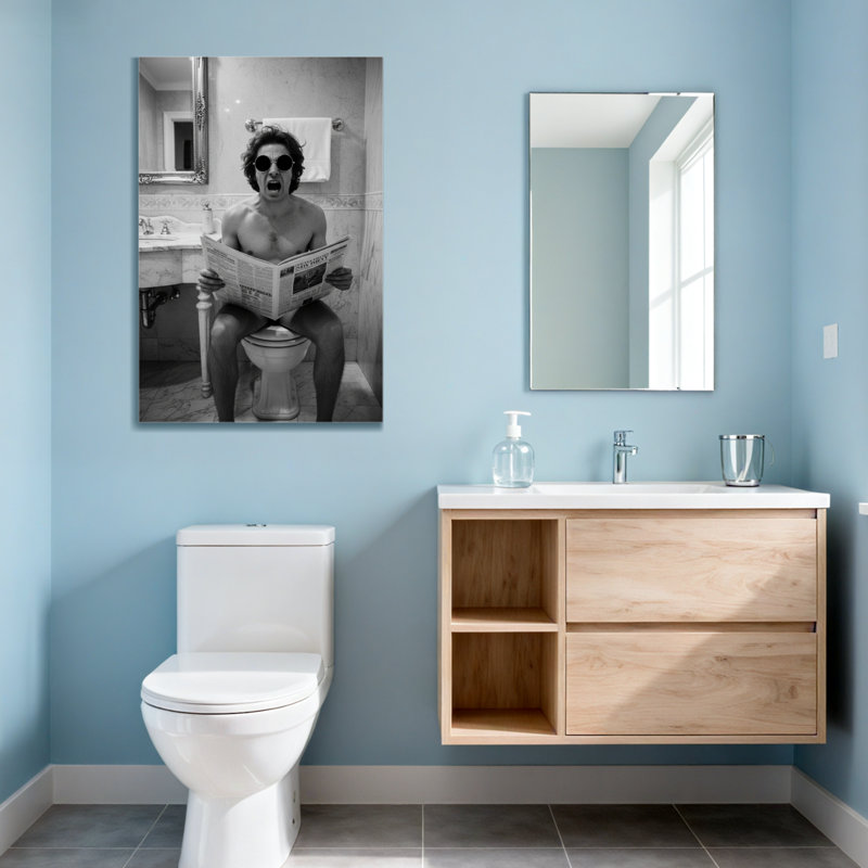 Abstrait, homme lisant un journal sur une toilette portant des lunettes de soleil, H 24 po x l 16 po