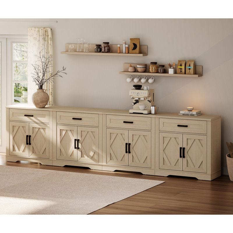 126"W Large Office Storage Cabinet, 4-In-1 Farmhouse Wood Storage File Cabinet With Storage Barn Door Unit, Office Console Table With File Drawers And Shelves For Office, Bedroom,Beige