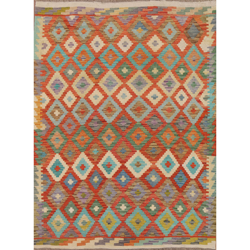 Geometric Kilim Reversible Wool Area Rug 5x6