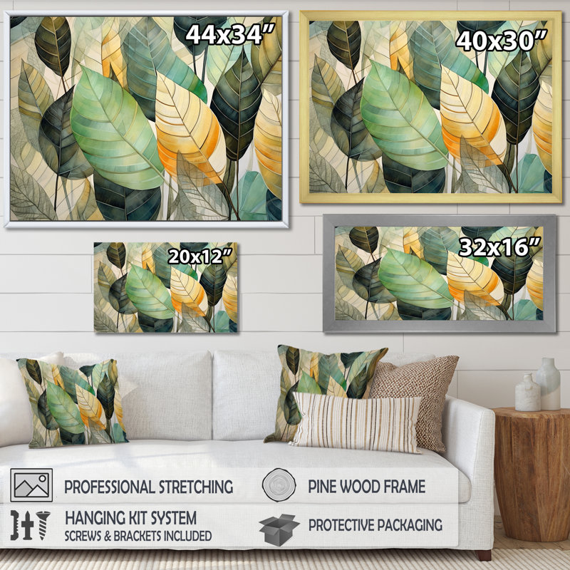Feuilles vertes et jaunes tranquillité sur toile, Cadre flottant doré, H 24 po x l 32 po x P 1 po