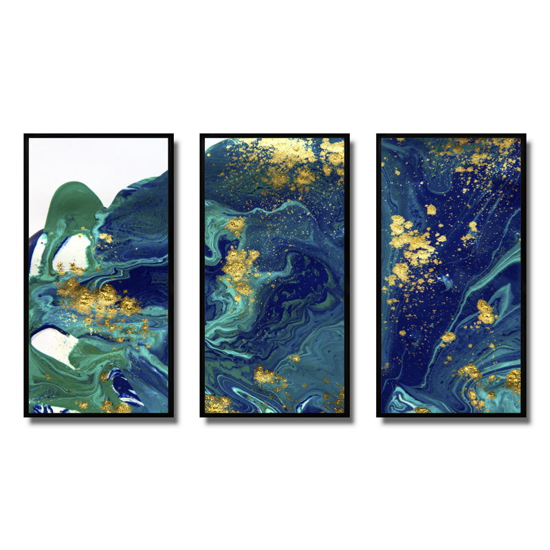Marbre doré sur univers bleu foncé - ensemble de 3 reproductions sur toile flottantes, Noir, noir, noir, noir