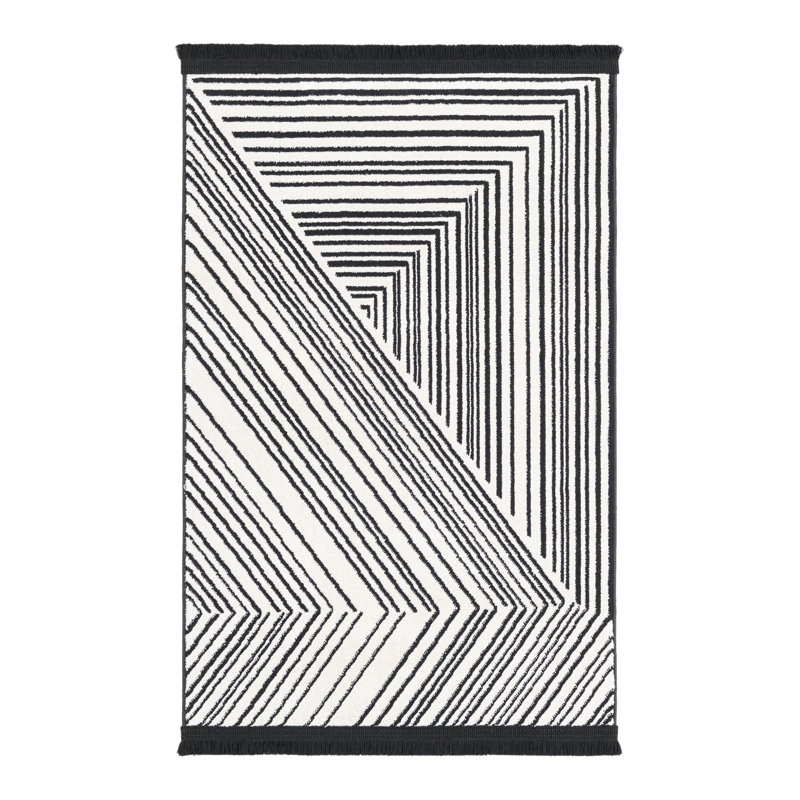 Tapis géométrique en polyester noir / blanc Bralin, Rectangle 2 pi x 3 pi 1 po