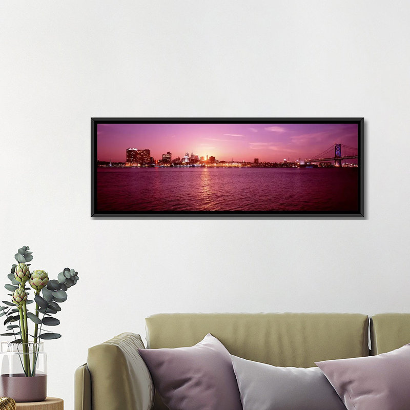 " Pennsylvania, Philadelphia At Dusk ", 16" H x 48" W x 1.5" D, Black Framed Canvas