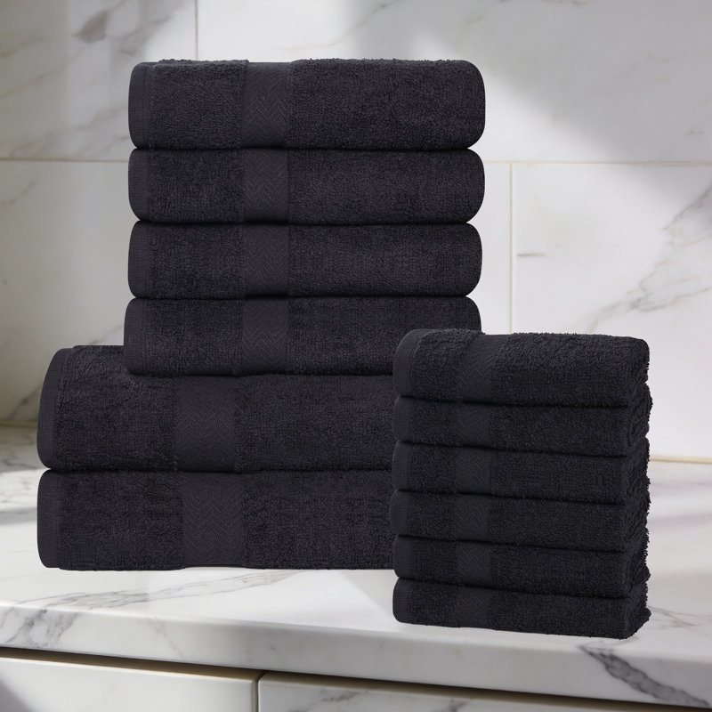 Lightweight Cotton Quick-Drying Bathroom Towel Set, Black, 12 Piece Towel Set