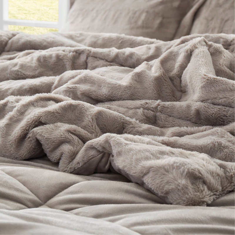 Ensemble de 3 mini-édredon en fausse fourrure unie gris, Twin Comforter + 2 Pillow Shams
