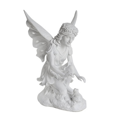 Statue de jardin 14,5 po fée blanche agenouillée avec grenouille