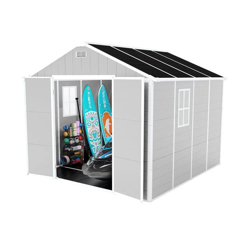 Remise de rangement, remise en résine 8 * 8F de Campcraft, matériau en PP de haute qualité, structure solide, imperméable, résistante à la rouille et aux rayons UV, grand espace de rangement, panneau en PVC épais de 12 mm, éclairage de fenêtre HD
