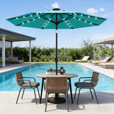 Parasol solaire 9 pi avec 32 lumières DEL et manivelle pour piscine, terrasse, jardin et jardin
