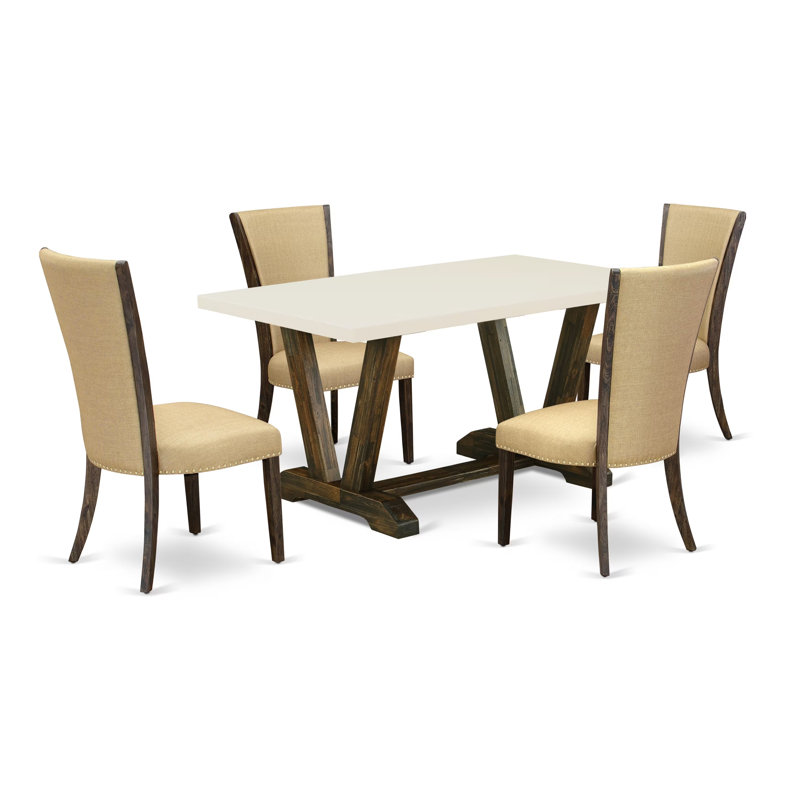 Ensemble de salle à manger 5 pièces comprenant une table rectangulaire à pieds en V et 4 chaises Parson rembourrées en lin brun, 91 x 152 cm, multicolore
