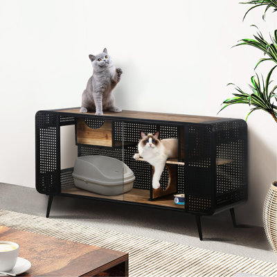 Modern Cat House With Tempered Glass Windows - Wood & Iron Frame Spacious For Cats Black And Brown Easy To Assemble Keep In Fine Condition + Shelter Grooming Station Your Clean Neat
