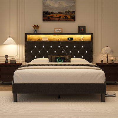 Alber Velvet Upholstered Platform Bed with Storage Headboard and Charging Station,Bed Frame with Diamond Design and LED Lights