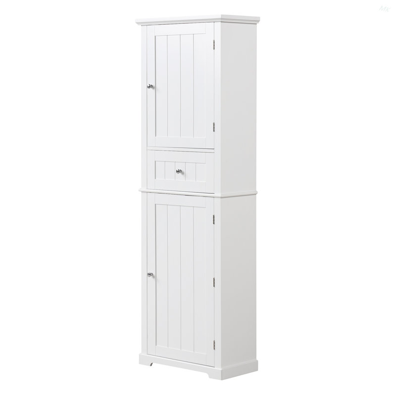 Grande armoire de rangement pour salle de bain, armoire de rangement autoportante avec tiroir et tablette réglable, panneau de fibres à densité moyenne avec finition peinte