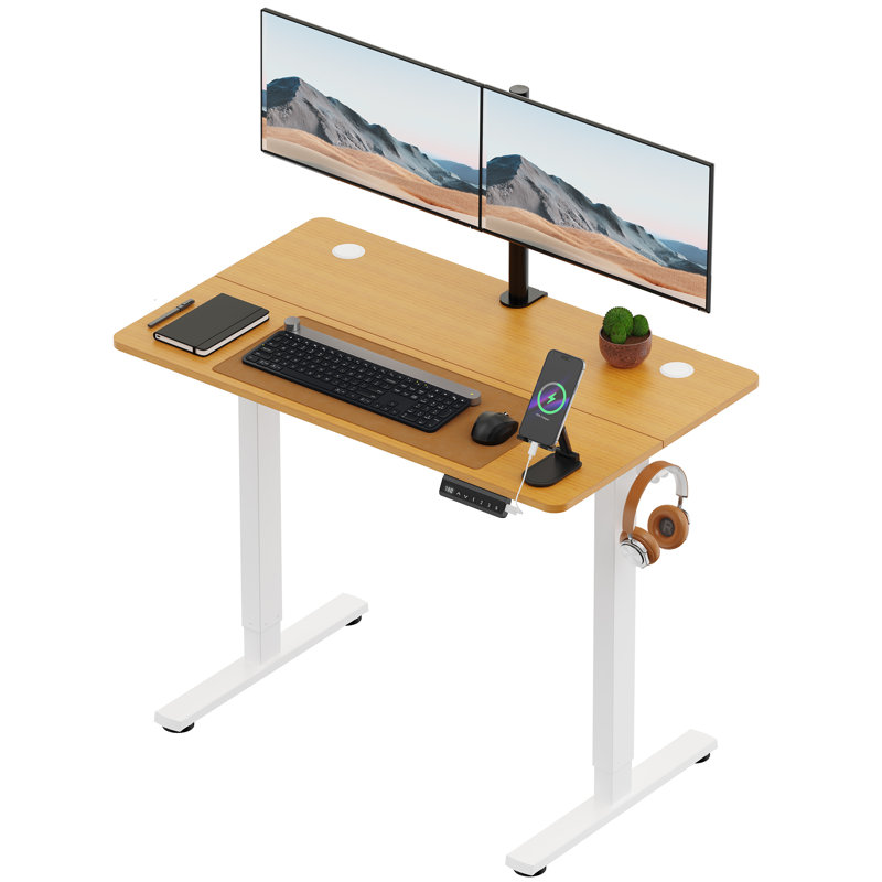 Adjustable Metal Base Standing Desk, 100 W x 60 D, Maple/White