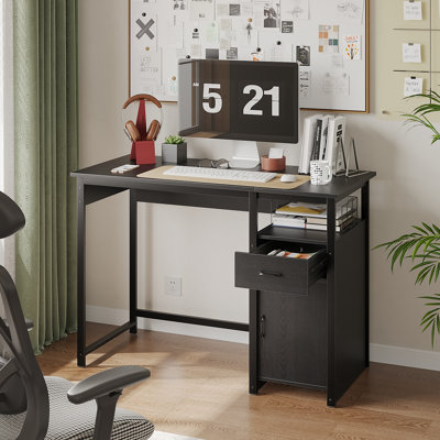 Computer Desk with Drawer & Closed Storage Cabinet, Metal Frame Home Office Writing Study Desk