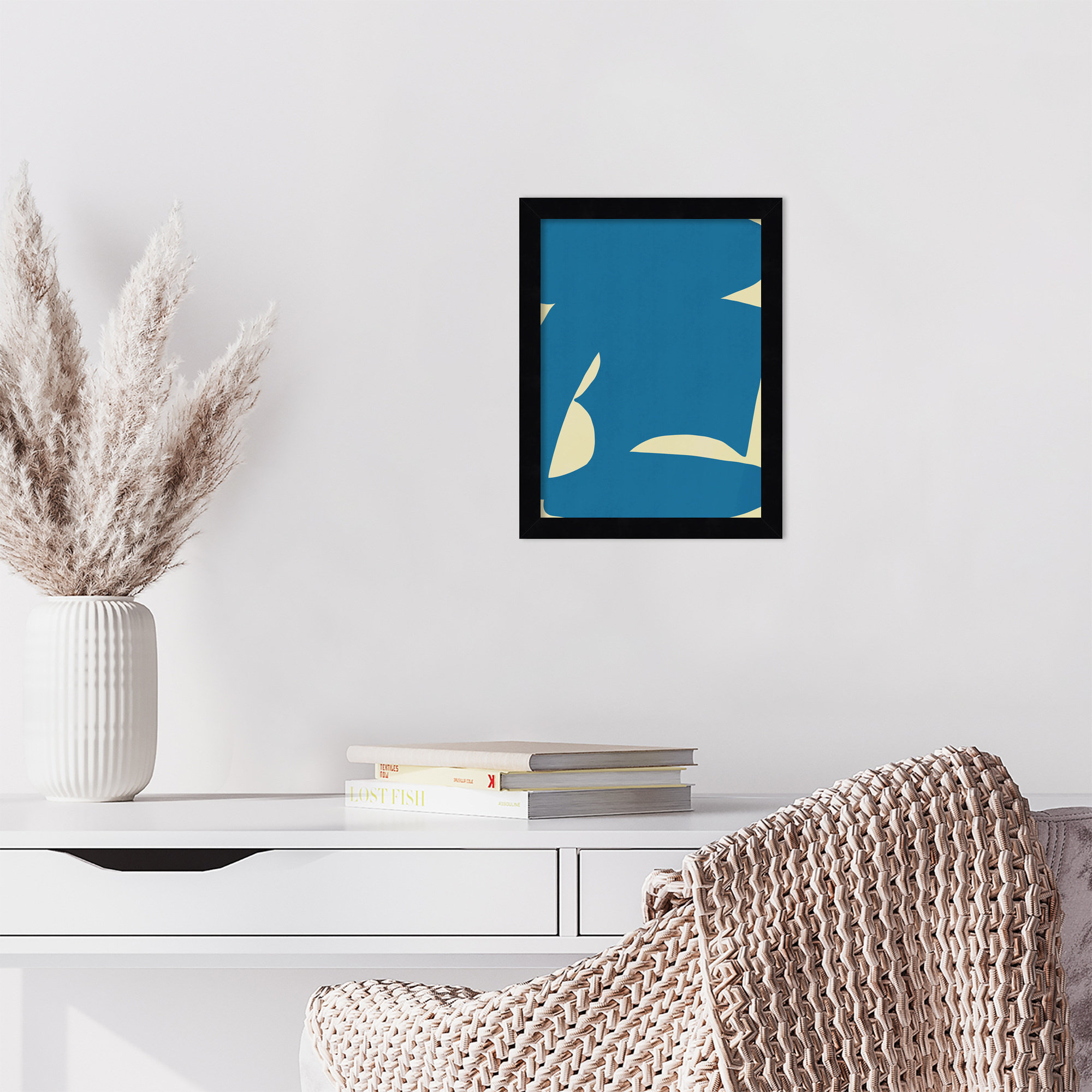B Cut Out In Blue by Little Dean Wood Framed Wall Art Print, Black, 13" H x 10" W