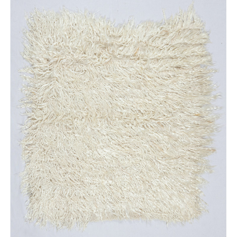 Tapis à poils longs fabriqué à la main 4,2 x 4,4 pi en laine de mohair beige naturel