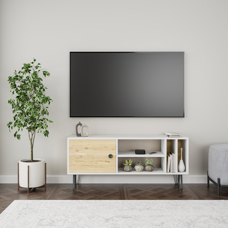 Modern TV Unit with Wall-Mount Option, White w/ Oak, 47.2 x 9.8 x 20.3 inches | 100% Melamine Coated Particle Board, Thickness: 0.7 inches | Features Multiple Shelves for Organized Entertainment Display