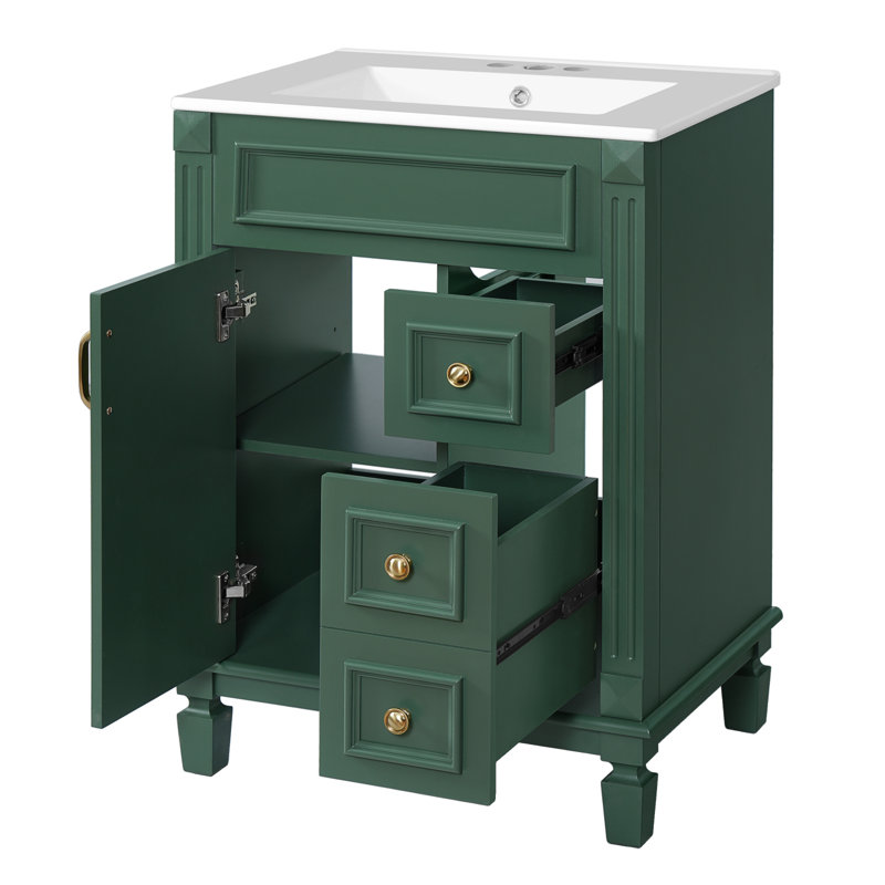 Meuble-lavabo 24 po avec lavabo en céramique et armoire de rangement, Vert/doré