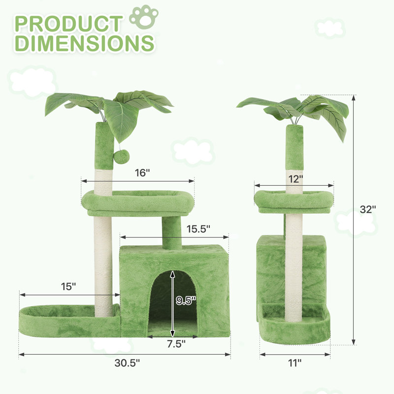 32" Green Cat Tree Tower with Leaf Design and Perch
