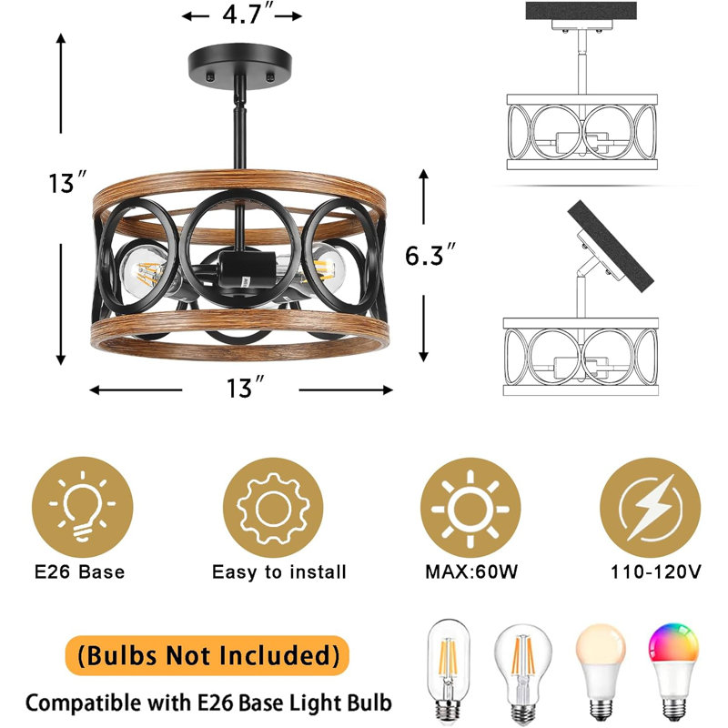 Farmhouse Semi Flush Mount Ceiling Light Fixtures, 3-Light Black Ceiling Light Rustic Light Fixtures For Hallway Entrance Kitchen Bedroom