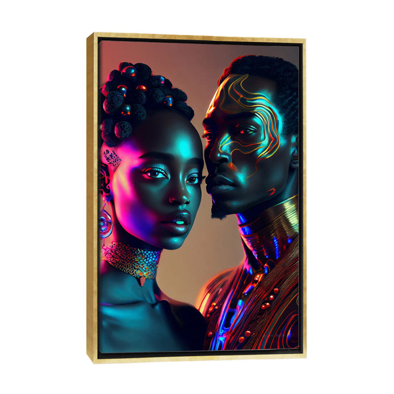 Afrofuturist African Royalty Queen And King II, Gold Floater Framed Canvas, 26" H x 18" W x 1.5" D