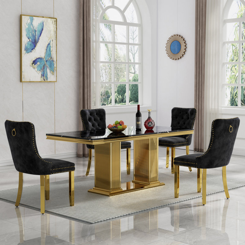 68.11" Dining Table Set, Modern Kitchen Table Set with Imitation Marble Top, Faux Marble Dining Room Table with Velvet Dining Chairs, Modern Dining Table Set for Kitchen Furniture