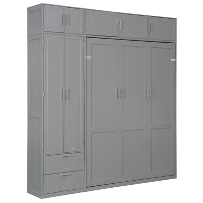 Gray Queen Size Bed With Storage Drawers, Top Shelf And Space - Saving Design For Small Apartments Wall Three Overhead Cabinets, Side Wardrobe Comfortable Slats