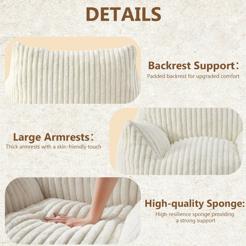 Modern Large Compression Faux Fur Bean Bag Chair, Spacious Lazy Sofa for Home, White, 27.9“ H x 37" W x 33"D