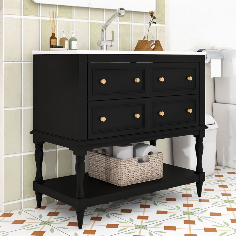 Ensemble de meuble-lavabo élégant en bois 36 po avec lavabo en céramique Chiharu, Noir, noir, noir, noir