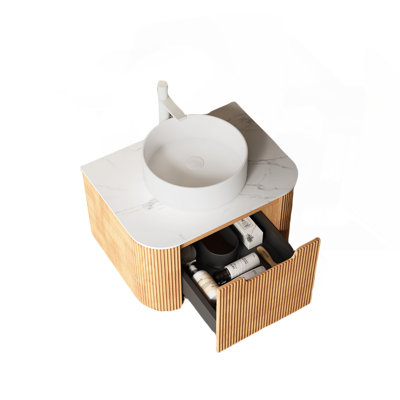 Meuble-lavabo de salle de bain 24 po avec lavabo, meuble de rangement mural à bords courbés et flottants avec tiroir, lavabo rond en céramique blanc sans robinet