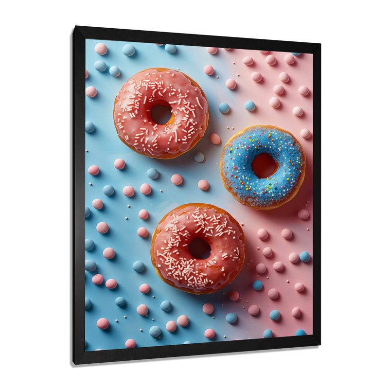Délicieuse rose et bleue Sparkle Donuts III, H 20 po x l 12 po x P 1 po, Toile encadrée noire simple