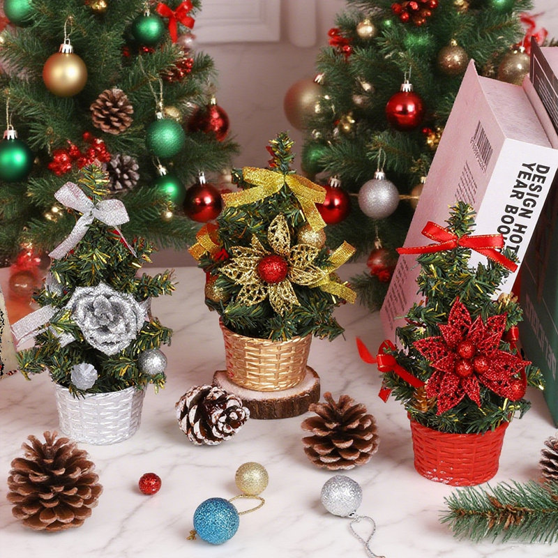 Ensemble de 3 mini arbres de Noël 20 cm - 3 arbres de Noël artificiels argentés rouges avec pot décoratif pour bureau