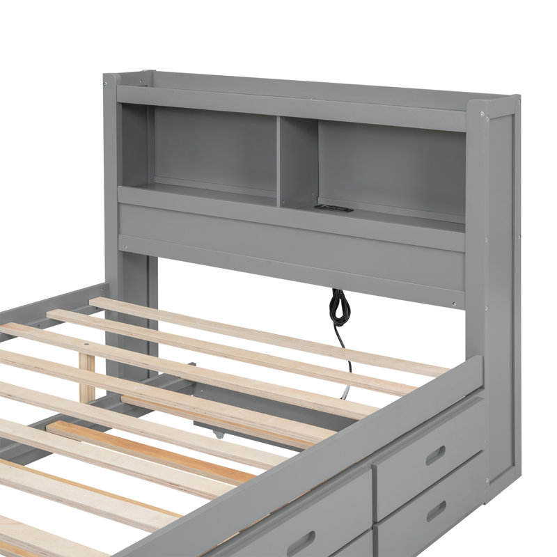 Lit plateforme double avec lit gigogne, tiroirs et prises USB, Gris, Lit double